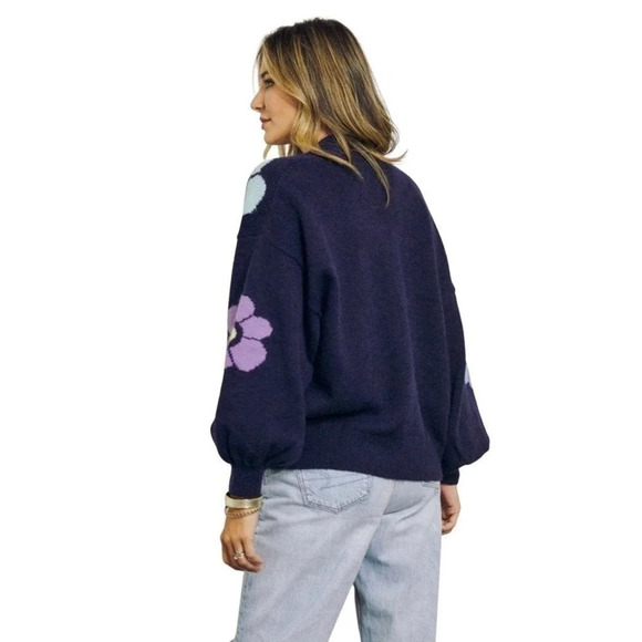 Davi & Dani Womens SMALL Cardigan Open Front Batwing Sleeve Knit blue flowers - Picture 3 of 9